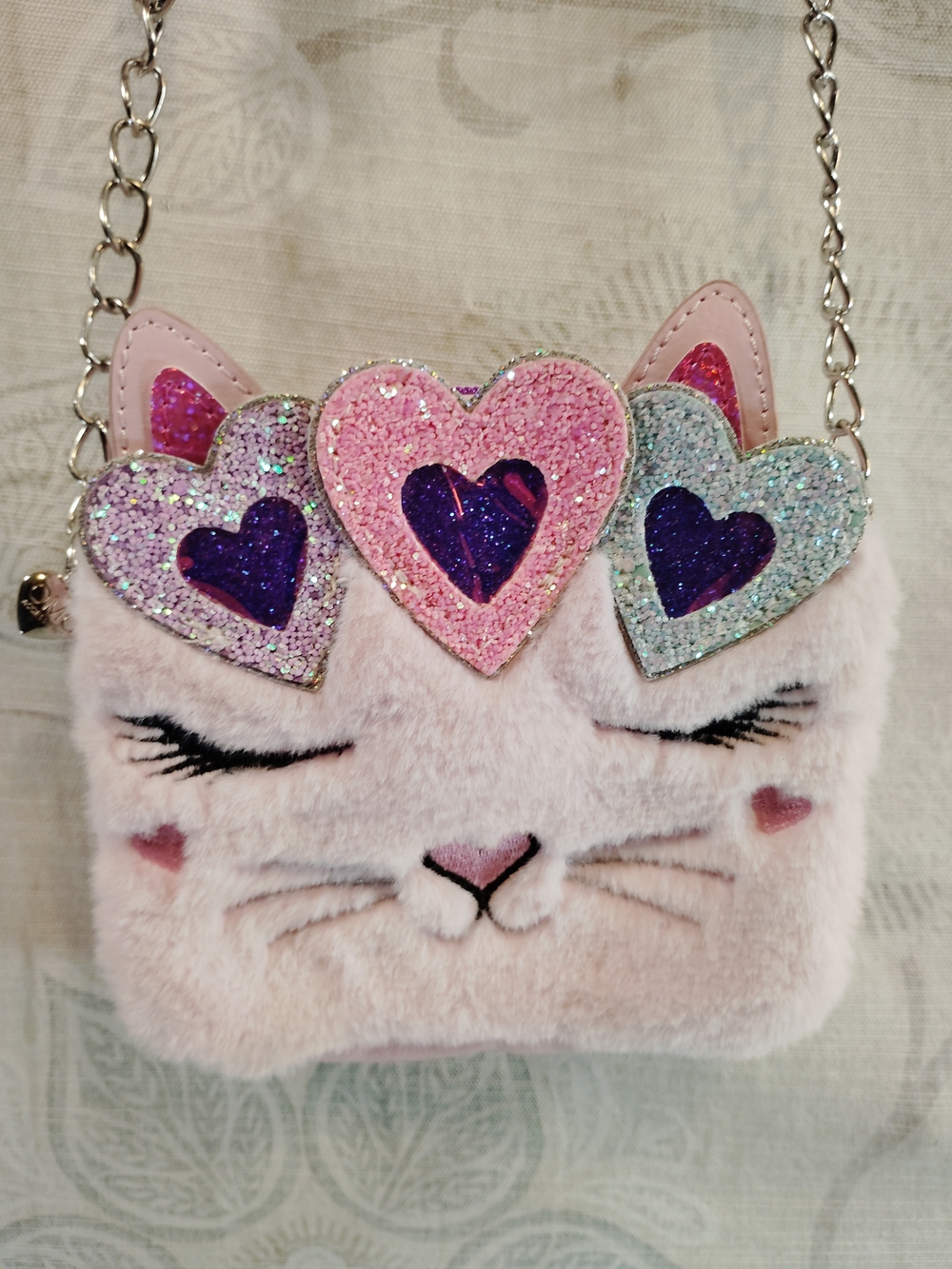 Kids Plush Pink Cat Crossbody Bag with Glitter Hearts